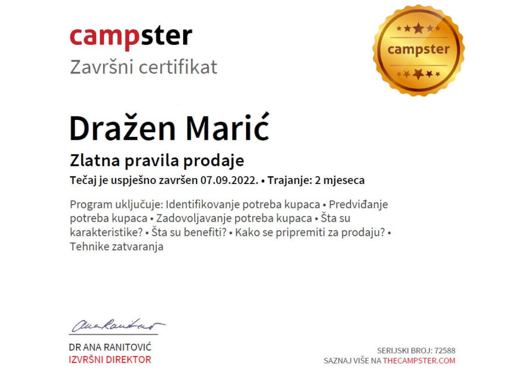 Certifikat prodajnih vještina na campsteru