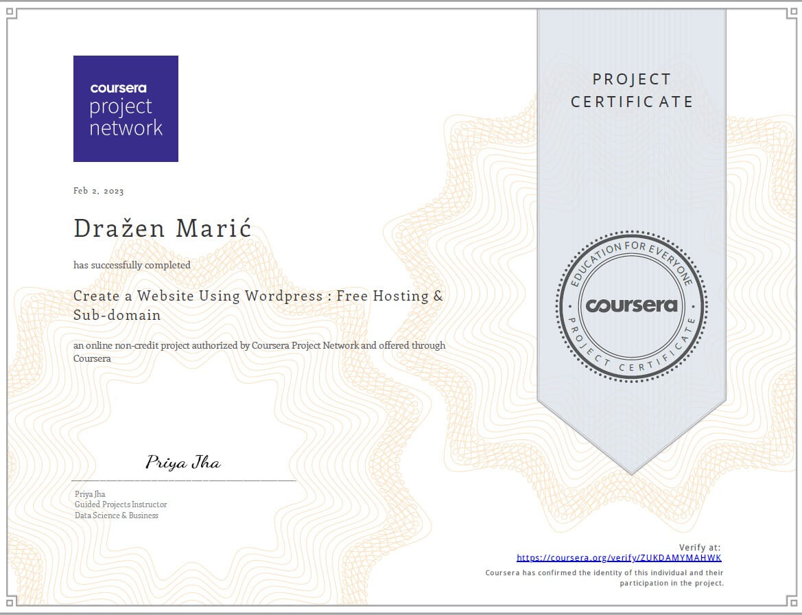 Certifikat za izradu web stranica na wordpress-u