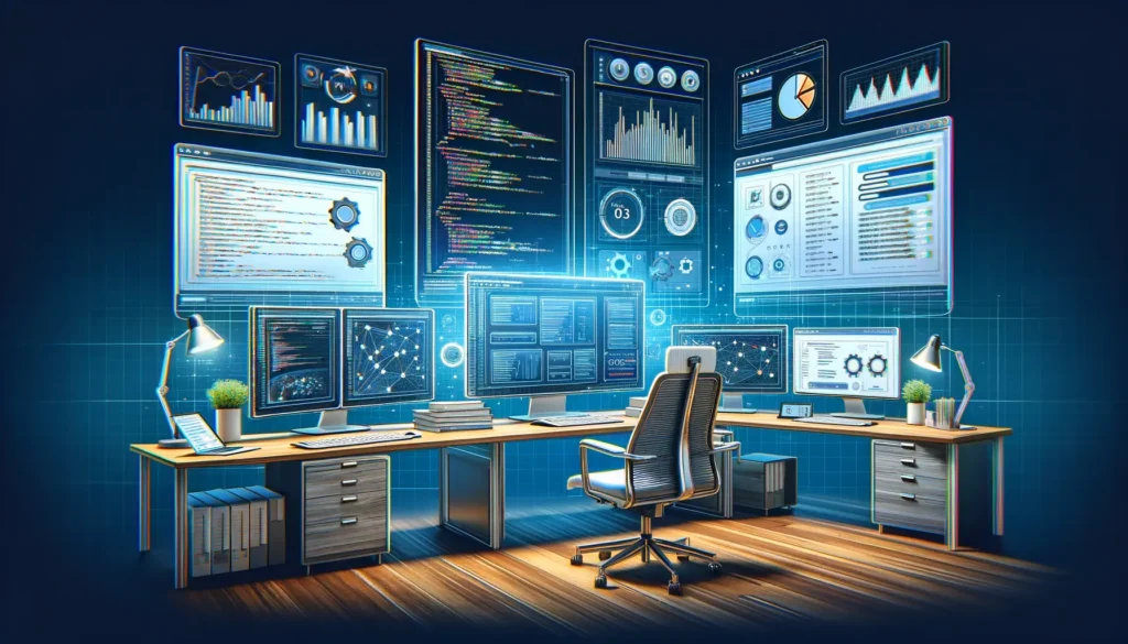 Dall·e 2024 04 19 10.52.30 A Digital Illustration Showing A Modern Workspace With Multiple Computer Screens Displaying Code And Analytics For Seo Optimization. The Setting Shoul 1