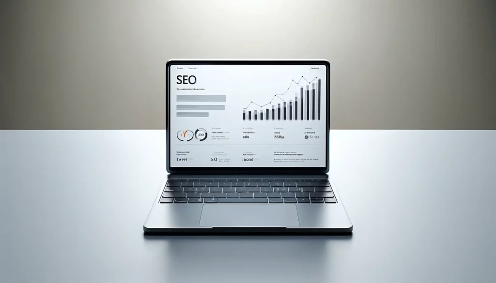 Dall·e 2024 04 19 11.08.24 A Digital Illustration Of A Modern Laptop On A Simple Surface Displaying Seo Analytics And Graphs On The Screen. The Background Should Be Minimal And 1